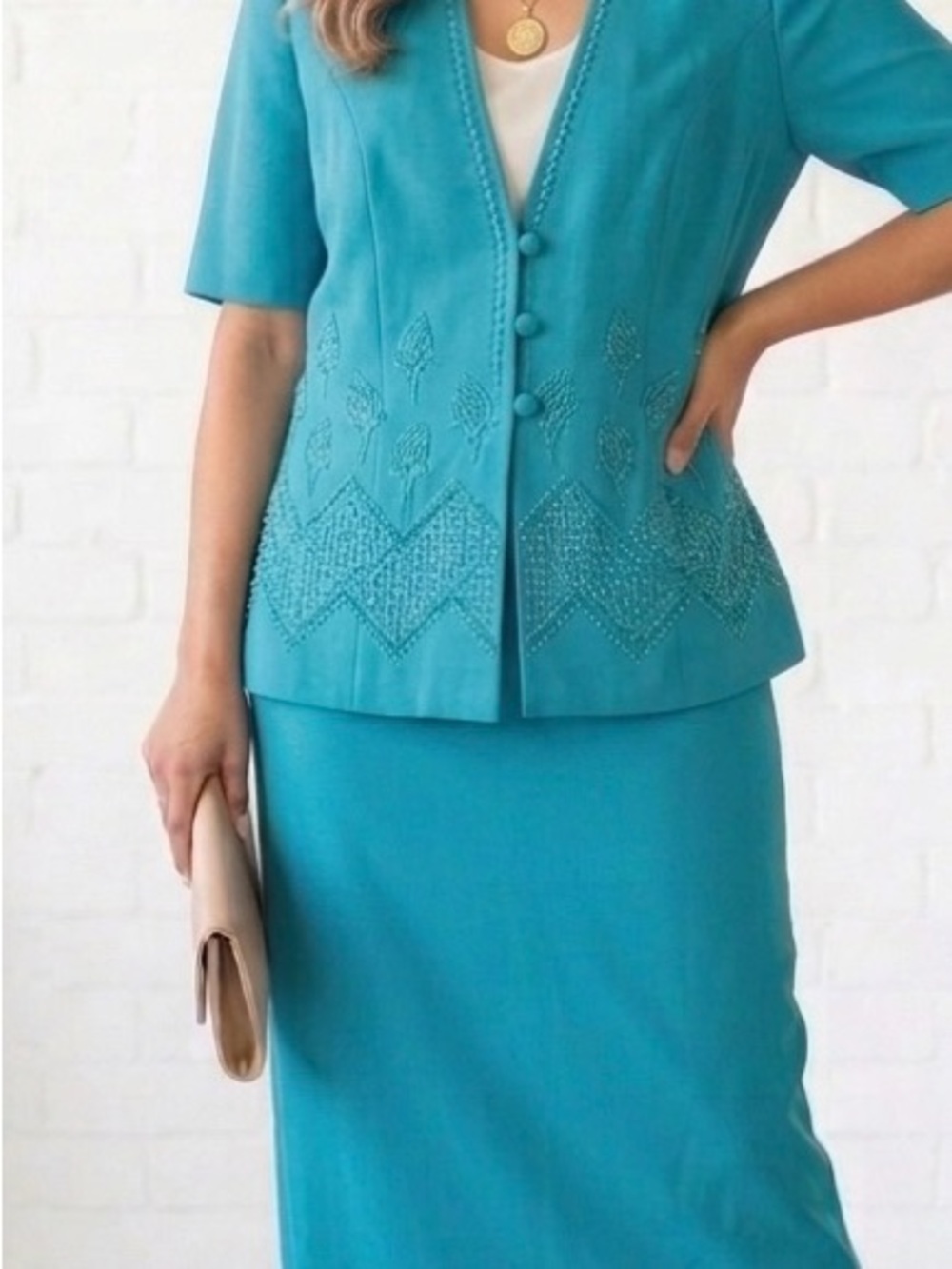 Teal Embellished Skirt Suit Set - Picture 3 of 13